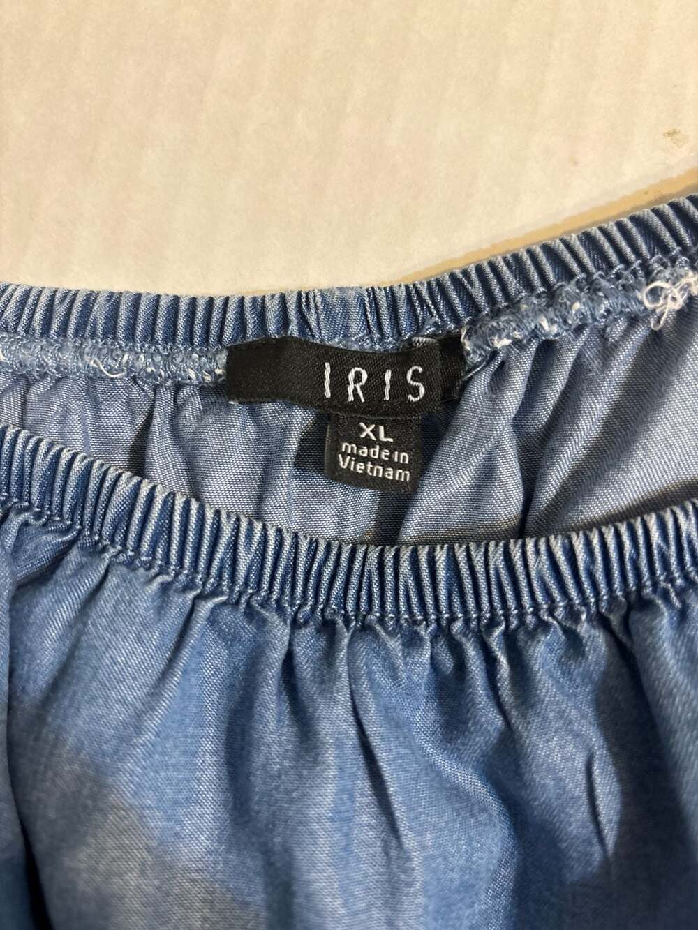 IRIS Blue Off-the-Shoulder Ruffle Chambray Romper with Drawstring Waist Size XL - Picture 4 of 4